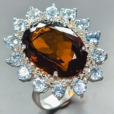 Handmade 14 ct Natural Cognac Quartz Ring 925 Sterling Silver Size 8 /R441906