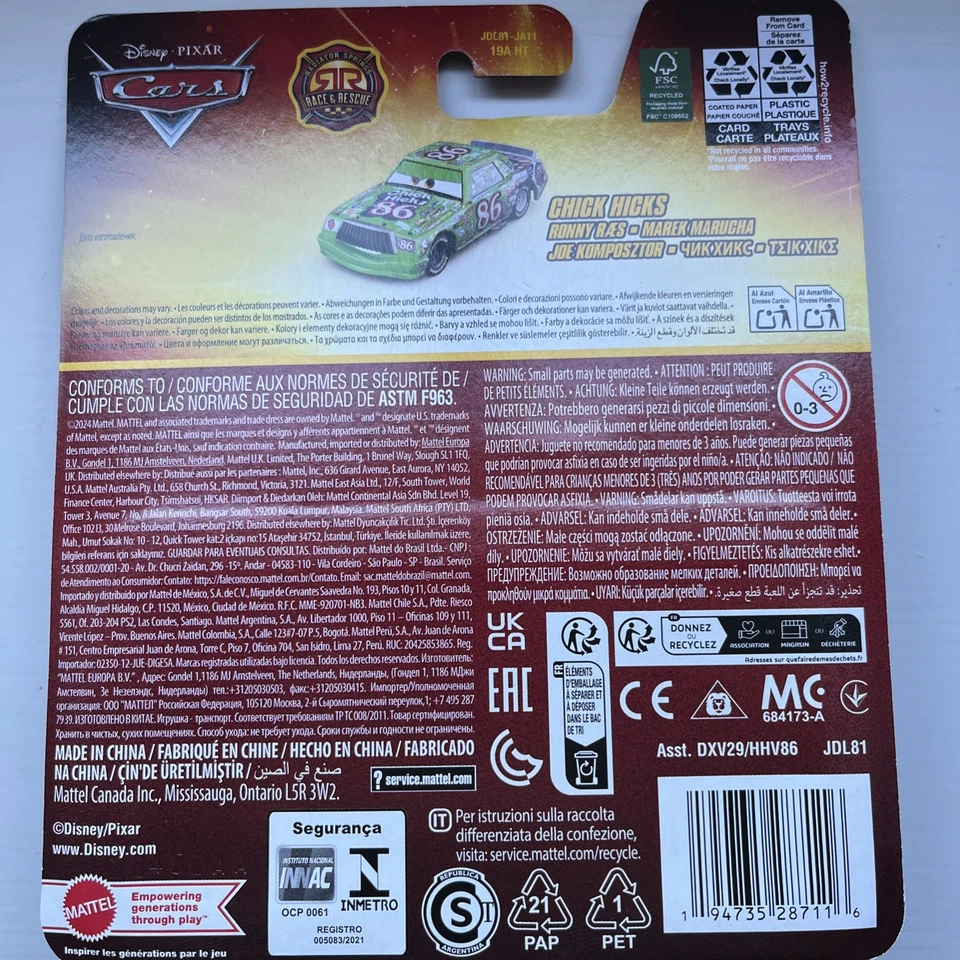 Disney Pixar Cars Race And Rescue 86 Green Chick Hicks 1:55 Scale diecast - Image 4 of 4