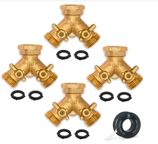 4 Pack Brass Garden Hose Splitter 2-Way Y Connector w/ 2 Valves