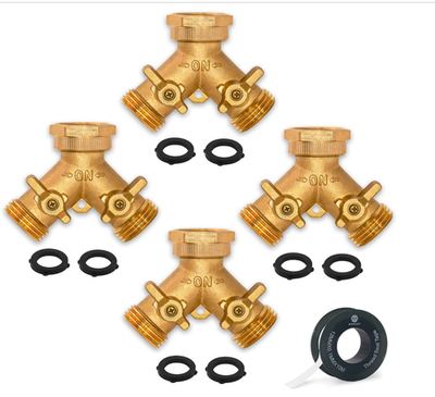 #ad 4 Pack Brass Garden Hose Splitter 2 Way Y Connector w 2 Valves $23.99