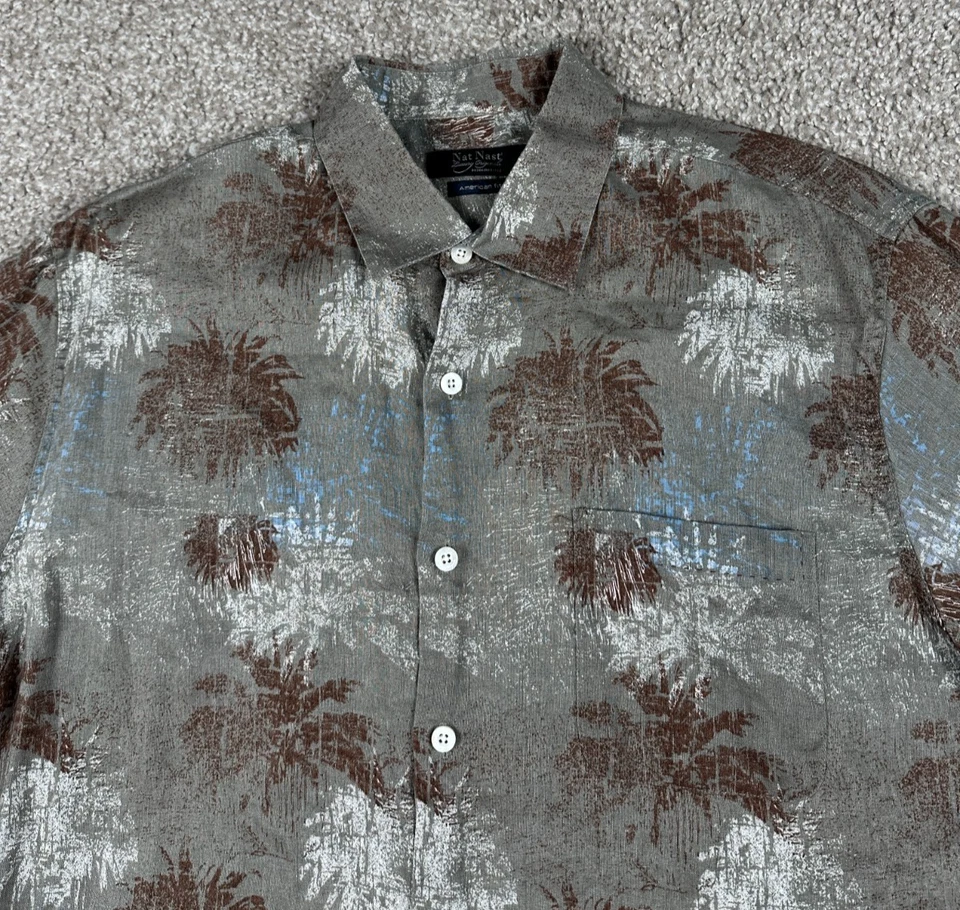 Camisa Nat Nast Para Hombre Grande Gris Verde Palmera Lino Abotonada Ajuste Americano Foto 2 de 4