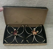 Vtg Metal Candlestick Holders Boho Double Gold Tone Floral Retro MCM Tapered USA