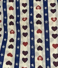 Hearts  Stripes Patriotic Red White Blue Fabric 3 yd 12  X 44  Cotton