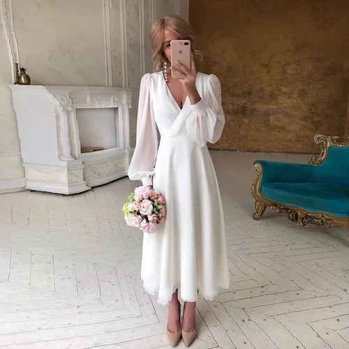 Chiffon V Neck Midi Wedding Dresses Long Sleeves A-line Tea Length Bridal Gowns* - Picture 3 of 6