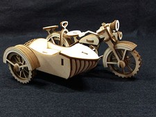 Laser Cut Wooden Motorcycle and Sidecar 3D Model/Puzzle Kit