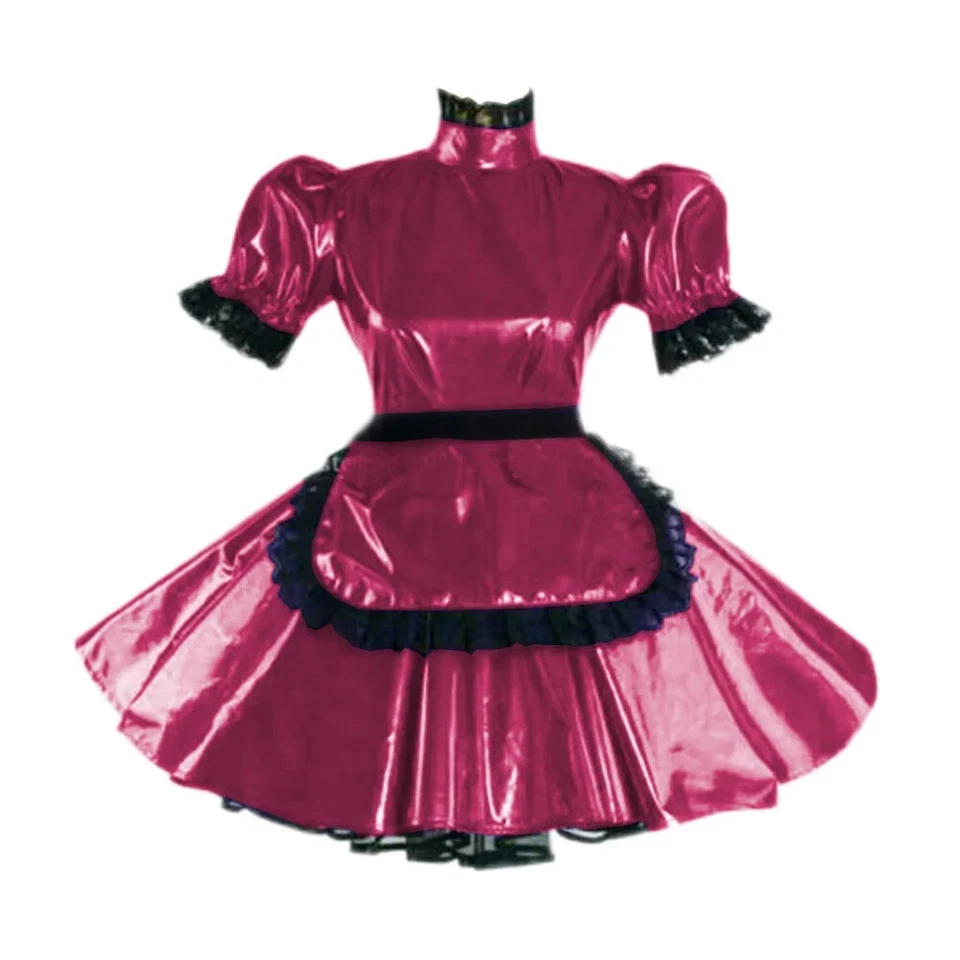 Lockable Shiny Metallic Patent Leather Turtleneck Short Puff Sleeve Maid Dress - Image 2 of 4