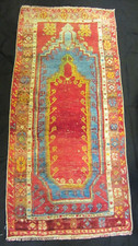 Turkish Anatolia Prayer Rug Wool Antique Rare Beautiful Reds Blues 25" x 52"