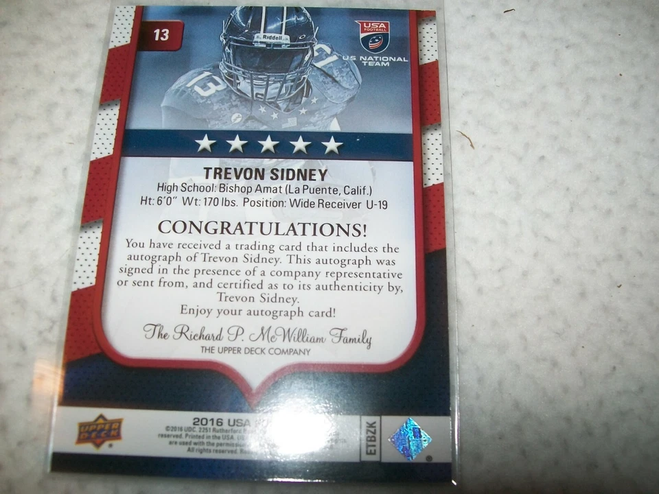 2016 UPPER DECK USA TREVON SIDNEY AUTO SIGNED #13 SAN JOSE STATE SPARTANS - Image 2 of 2