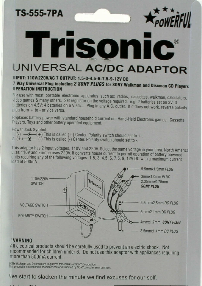 1000mA Transformer Universal AC DC Power Adapter 2 Sony Plug 7 Outputs 110/220V - Image 3 of 4