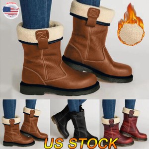 Women Vintage Mid-Calf Low Heel Snow Boots Winter Warm Fur Lined Boot Shoes Size