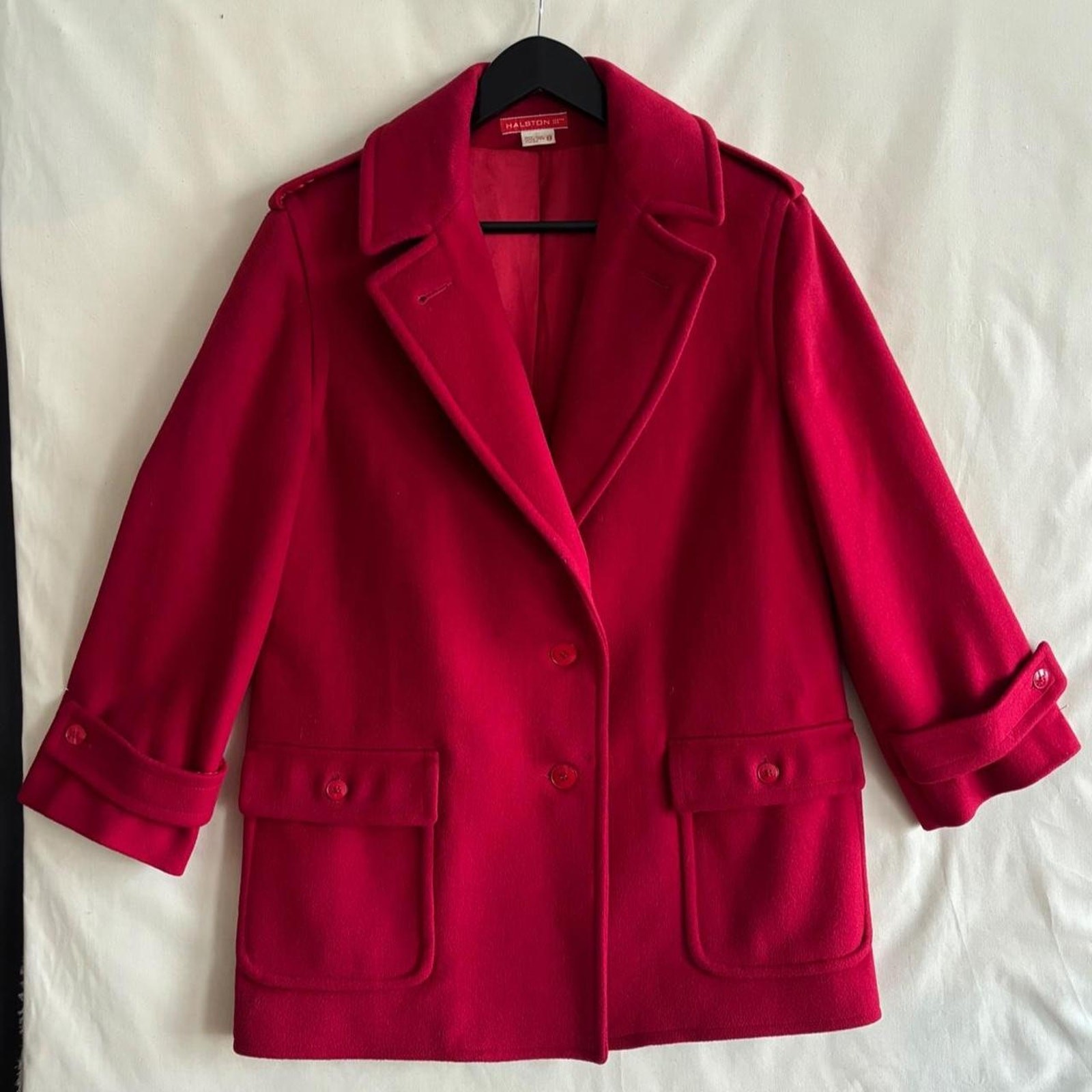 Halston, Vintage 80s Halston III Red 100% Wool Military Utility Coat - Size 6/8