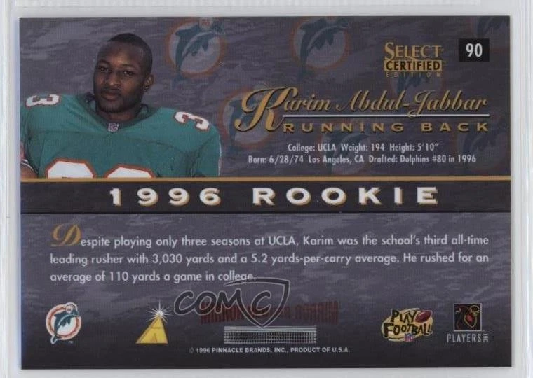 1996 Select Certified Edition Mirror Red Karim Abdul-Jabbar #90 Rookie RC - Image 2 of 2