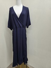 French Connection Navy Printed Wrap Midi Dress M Short Sleeve Ruffle