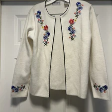 Ashley Cardigan Sweater Women M Blue Embroidered Floral Open Front Cottage Core