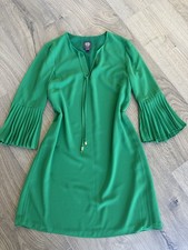 Vince Camuto Women's Green Pleated Sleeve V-Neck Shift Dress Knee Length