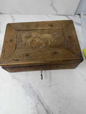 Vintage Carved Wood Dragon Box Lock Key Asian Jewelry Chest
