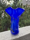 Vintage 13" Cobalt Blue Ruffled Art Glass Vase Murano Style Mid-Century Style