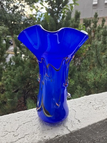 Vintage 13" Cobalt Blue Ruffled Art Glass Vase Murano Style Mid-Century Style