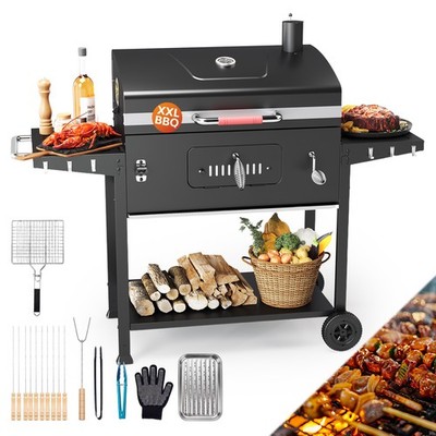 DEVOKO XXL Holzkohlegrillwagen mit Räucherfunktion, Thermometer, Ablagen, Rädern