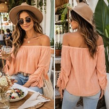 H by Halston Chiffon Off Shoulder Blouse  Sz 4 Coral White Striped Sheer Sleeve