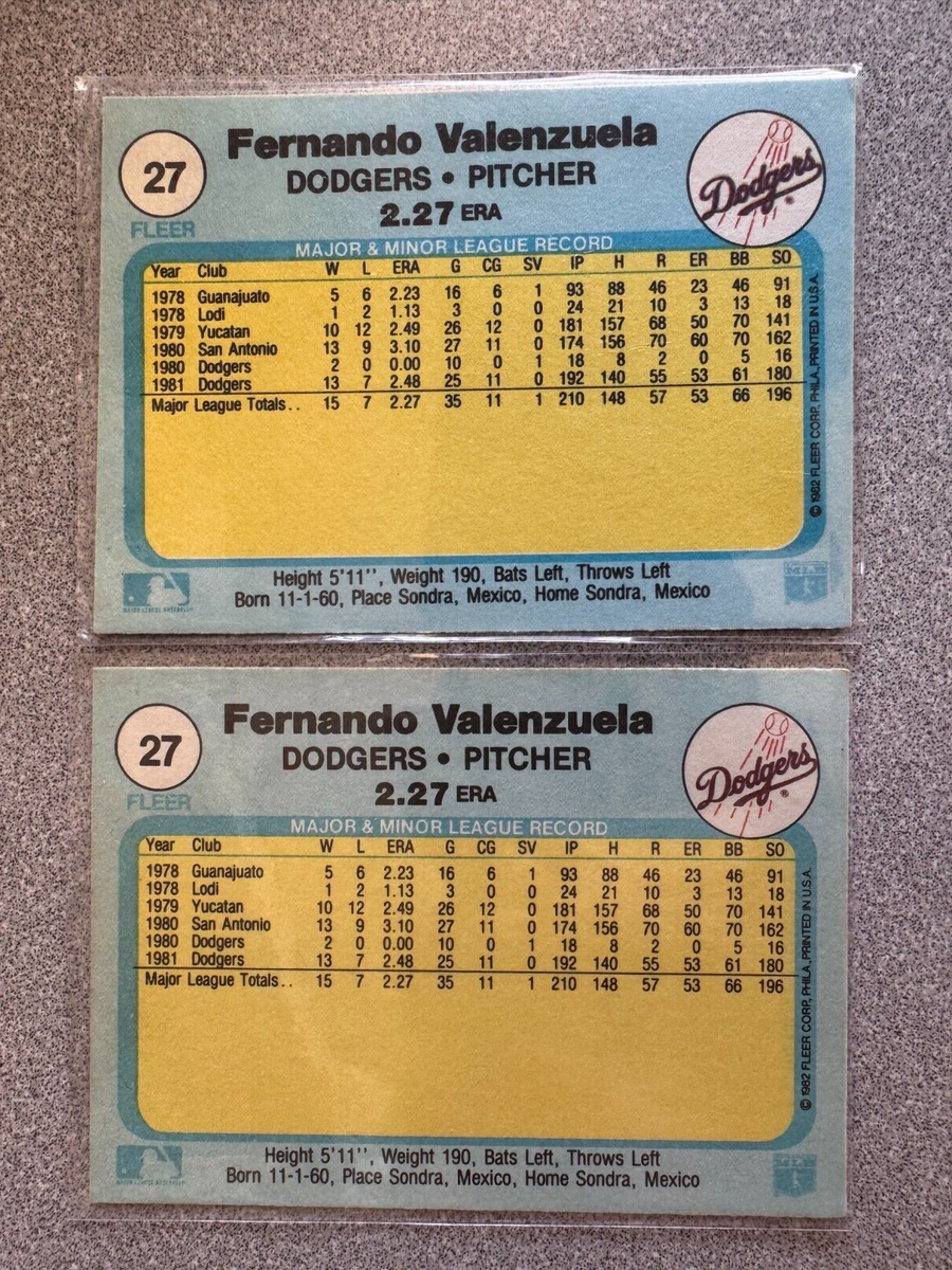 2) 1982 Fleer Fernando Valenzuela 2nd Year Cards #27 Los Angeles