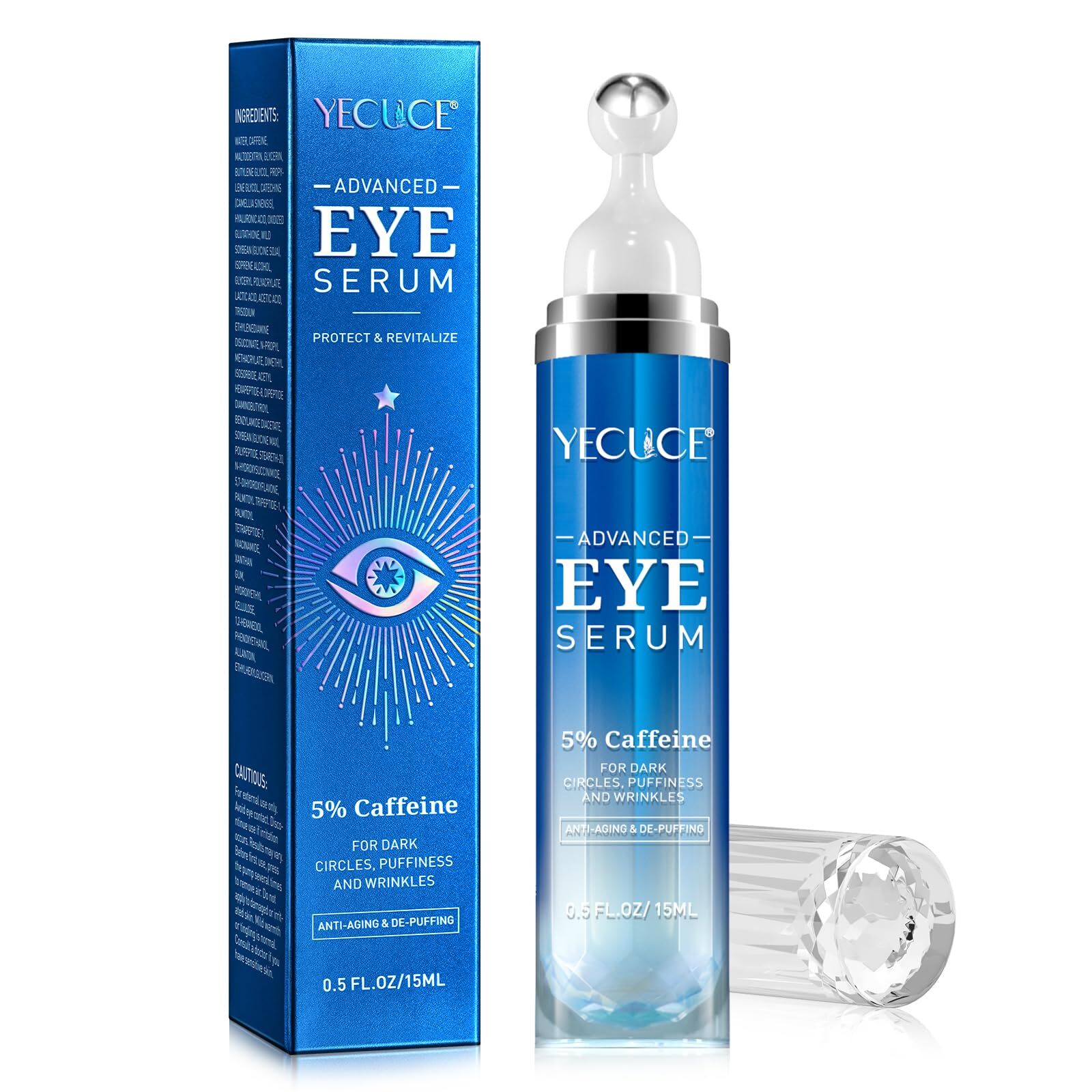 5% Caffeine Peptide Eye Serum, Under Eye Roller Cream for Dark Circles, Puffi...