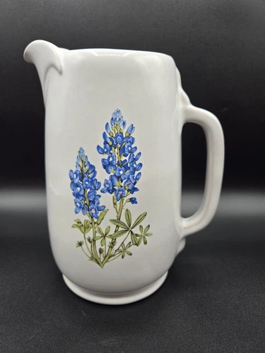 Frankoma Pottery #81 Tall Pitcher White Texas Bluebonnet 8"