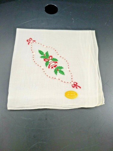 Vintage White 100% Cotton Handkerchief Embroidered Christmas Bell Switzerland