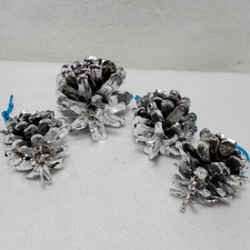 Real Genuine Pine Cones Christmas Tree Ornaments Silver Painted Lot of 4