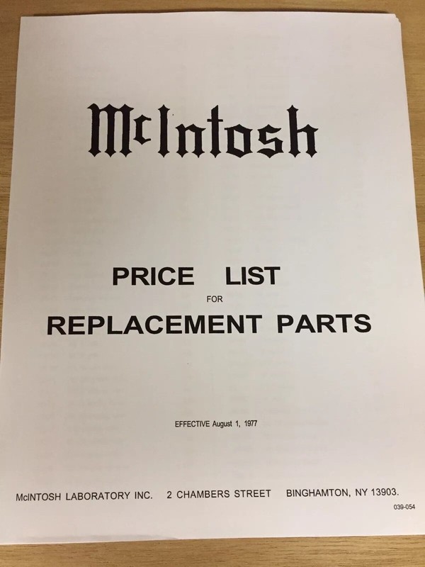 McIntosh Replacement Parts & Price Listing 1977