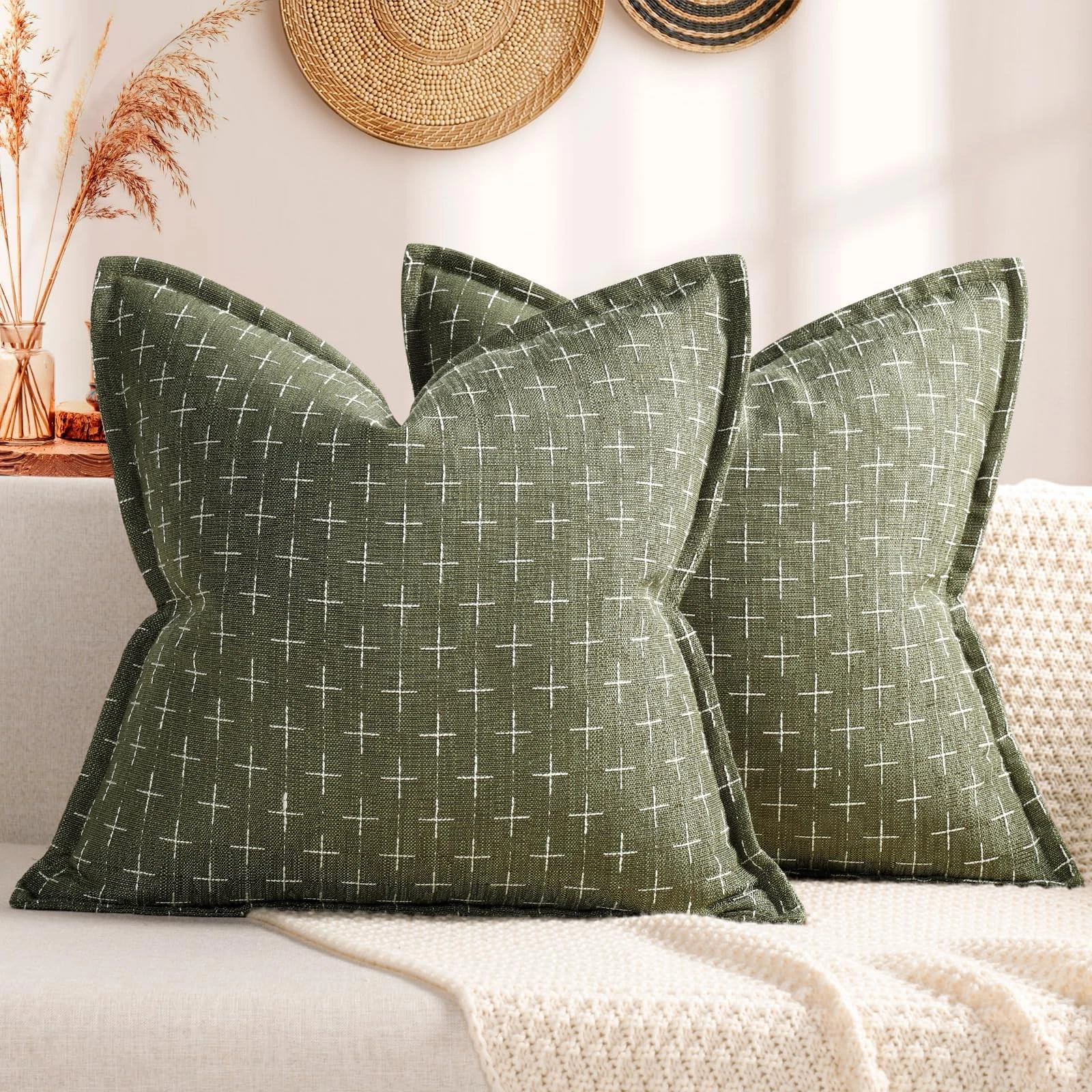 Pillow Covers 18x18 Set of 2 Soft Polyester Textured Pillow Covers with Styli...