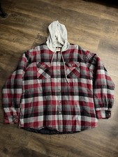 Wrangler Authentics Mens XL Hooded Flannel Jacket Red Plaid Quilted Lined