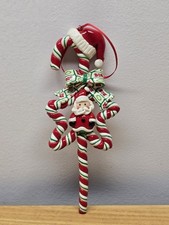 Santa On A Candy Cane Christmas Ornament Approx 6.5"