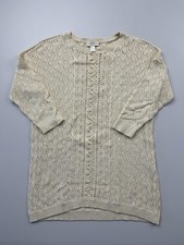 LOFT Sweater Tunic Womens Medium Beige Open Knit Crochet 3/4 Sleeve Sheer