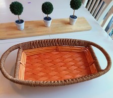 Woven Rattan Serving Tray Rectangle Basket Handles Boho Coastal Decor