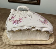 Antique Porcelain Butter Cheese Keeper W/ Lid Pink Flowers Cherry Blossom Gold
