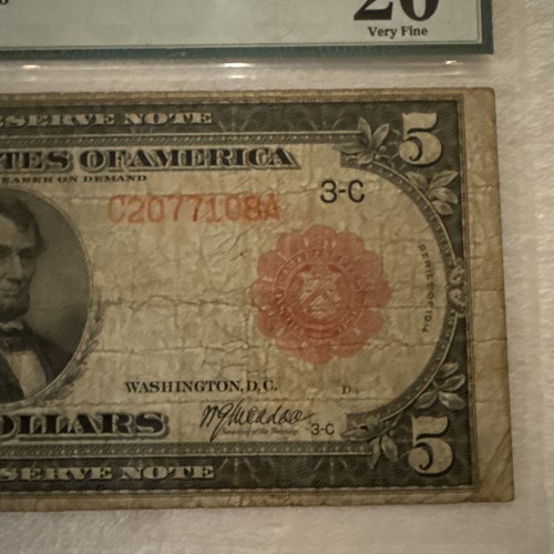 1914 $5 Federal Reserve Note Philadelphia Red Seal Large Note PMG 20 very fine - Picture 5 of 8