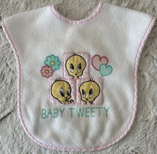 Vintage 1999 Baby Looney Tunes Tweety Bib Embroidered White Pink