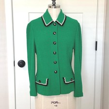 Vintage St John green Santana knit blazer with black and white knit trim