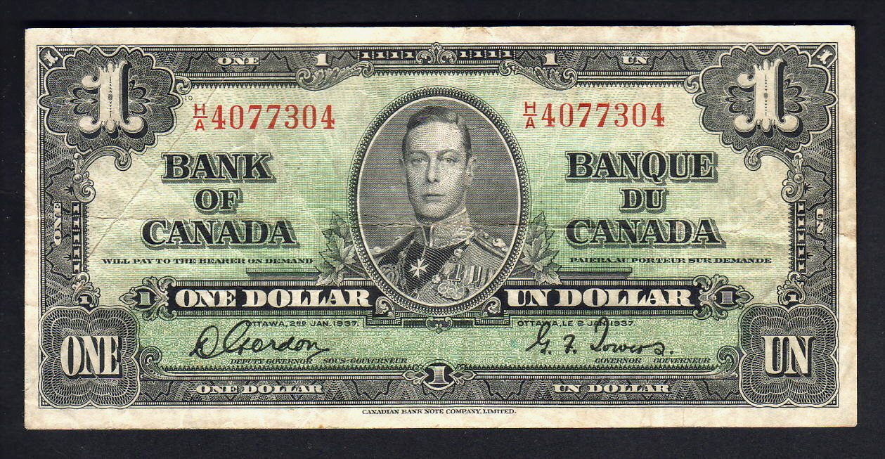 CANADA P-58b. 1937 1 Dollar.. Gordon/Towers.. Prefix H/A..  aVF
