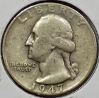 1947-P WASHINGTON 90% SILVER QUARTER (Very Good Details)