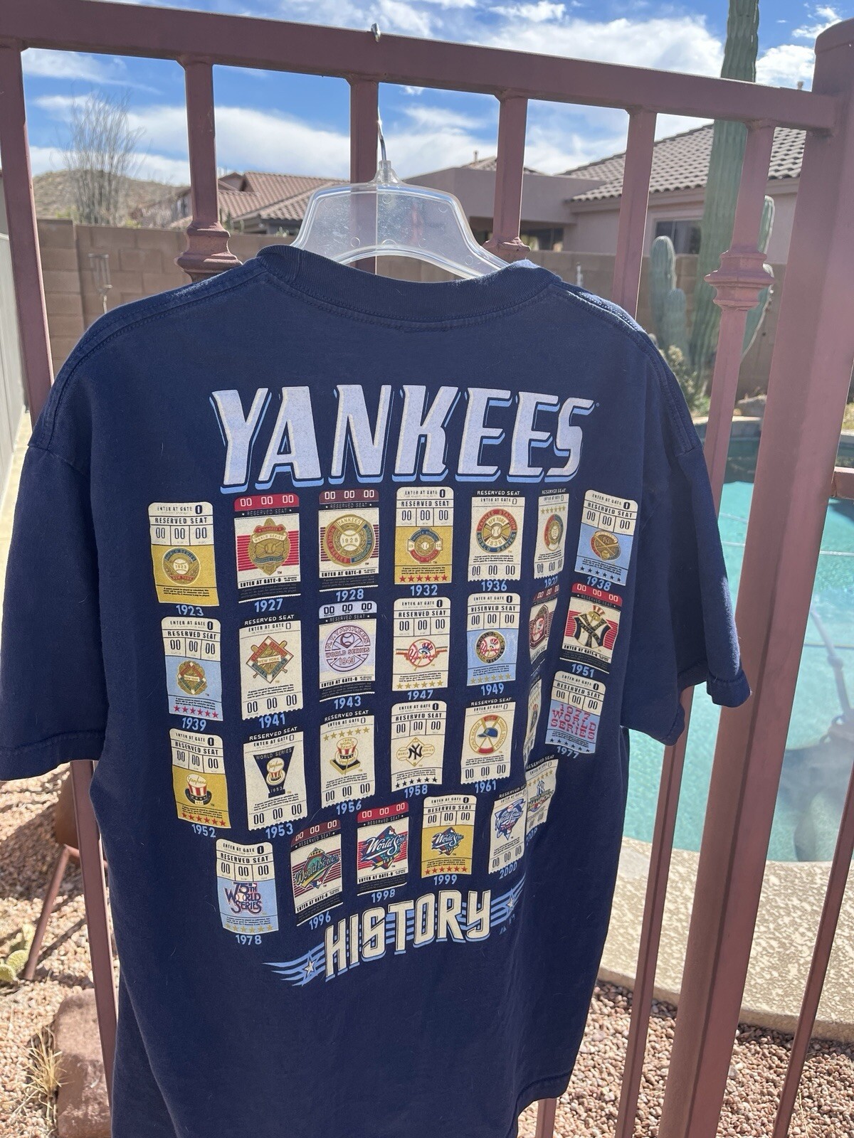 VINTAGE NEW YORK YANKEES MAJESTIC HISTORY GRAPHIC T-SHIRT BACK PRINT MENS XL