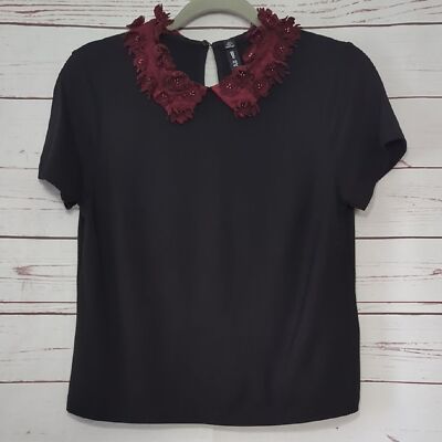 Lord & Taylor Black Shirt with Burgundy 3D Floral Collar Dark Romantic Medium