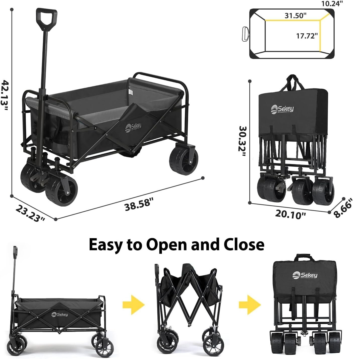 Folding Utility Cart with Big All-Terrain  Wheels & Drink Holders, Black&Grey