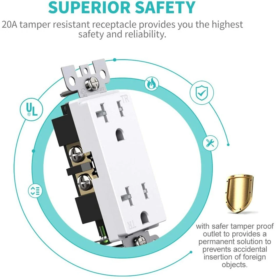 Outlet Socket, Decora Duplex Receptacle, 20 Amp 125 Volt Tamper Resistant 10pack - Image 3 of 4