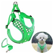 XS Green Dog Denim Harness with Leash Set Adjustable Step in Padded Vest