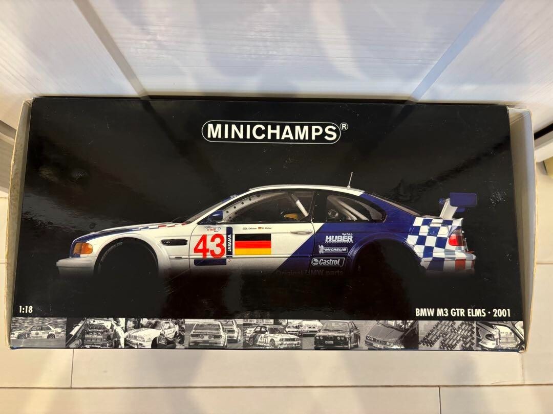 1/18 MINICHAMPS BMW M3 GTR ELMS 2001 winner #43 White Blue w 1/18 MINICHAMPS BMW M3 GTR ELMS 2001 winner #43 White Blue w