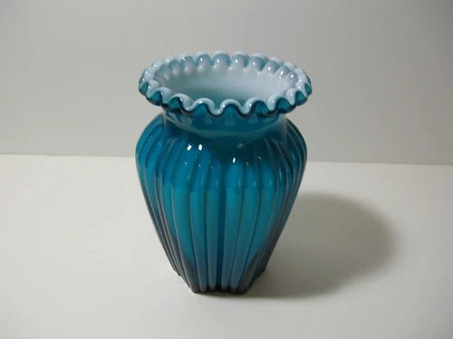 Vintage Fenton Art Glass Cased Turquoise Blue Over Milk White Vase Crimped Rim
