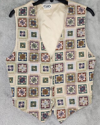 Clio Vest Womens Medium Multicolor Embroidered Button Front 90s Vintage USA