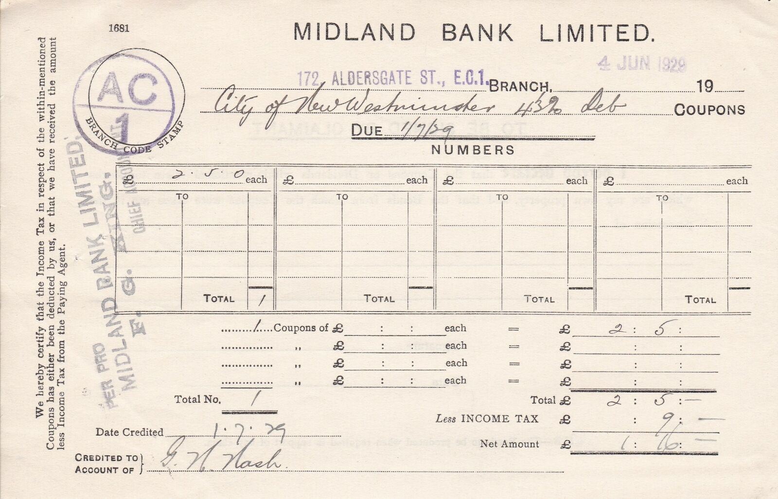 MIDLAND BANK LIMITED, Jun 1929 City of New Westminster Coupons Receipt Ref 45927